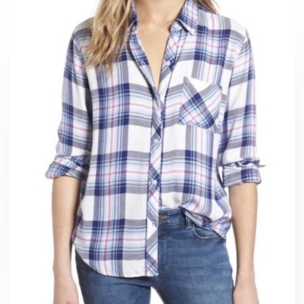 Rails Hunter plaid long sleeve button in Ivory Bluebell Pink size XS/extra small